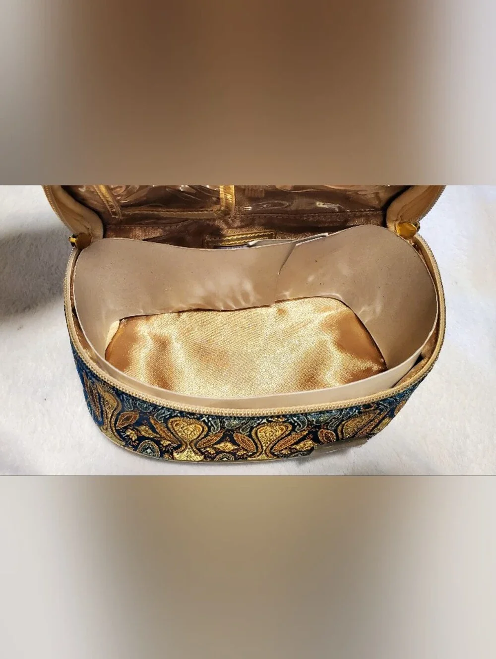 Vintage Stephanie Johnson Teal & Gold Brocade Travel Cosmetic Case